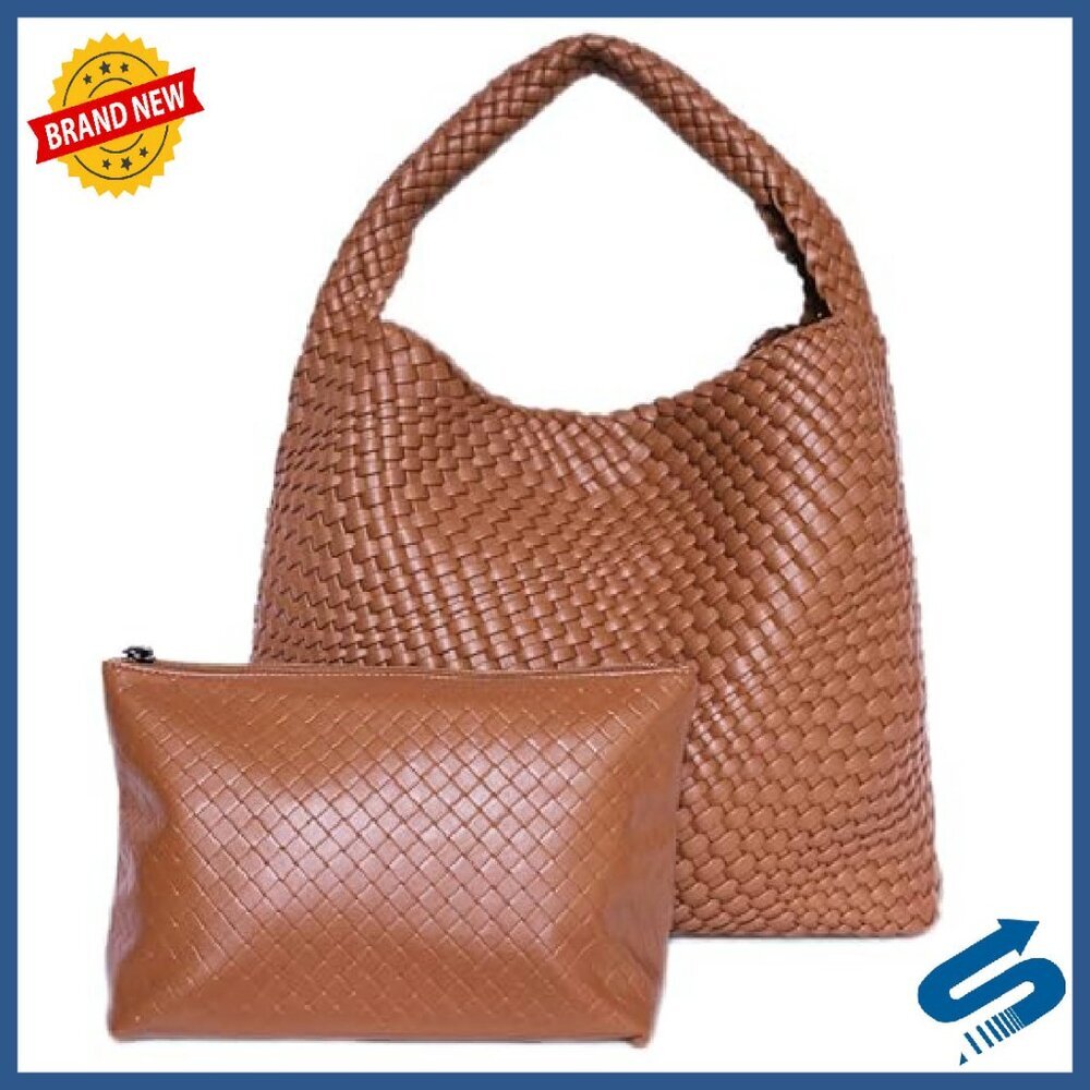 Large Vegan Leather Woven Tote Bag for Women Travel Beach Handbag - Picture 6 of 7